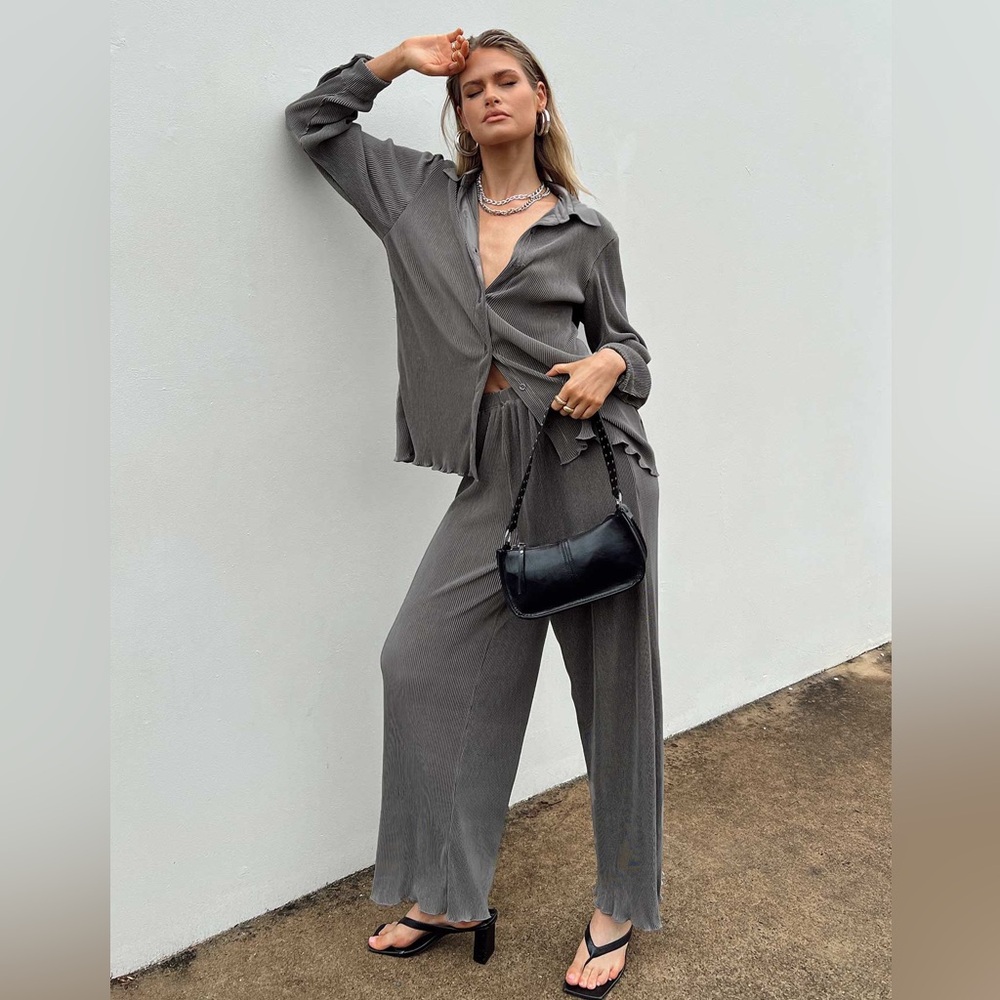 PRINCESS POLLY Cartmore Plisse Top and Pants Charcoal (Petite)